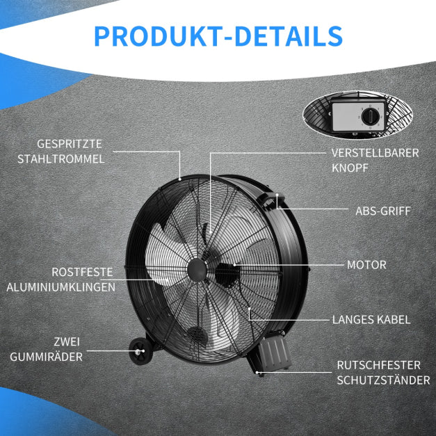Ventilateur Coast Drum - 3 Vitesses - Cordon 180cm - 240V - 65 x 37 x 67 cm - Noir