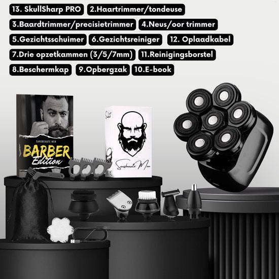 Rasoir 6-en-1 pour hommes + tête de rasage supplémentaire - Tondeuse - Tronçonneuse - Sansbeauté® Skull Sharp PRO - Wet & Dry - Rasage du visage et de la tête - Rasage de la tête - Chargement sans fil - Accessoires