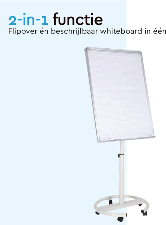 BRASQ Flipchart Mobile Deluxe - 70x100 cm - Tableau blanc ajustable - 25 feuilles de papier et accessoires inclus - avec bras extensibles - Tableau magnétique avec crochets - Tableau magnétique - Blanc