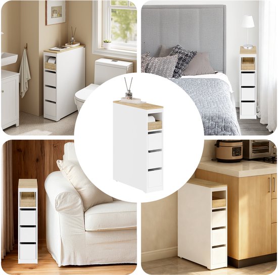 SoBuy Meuble de toilette 20 cm, meuble de salle de bain avec 3 tiroirs, petit meuble à papier toilette, étagère mobile pour salle de bain, toilettes et cuisine, blanc, 60 x 20 x 82,3 cm
