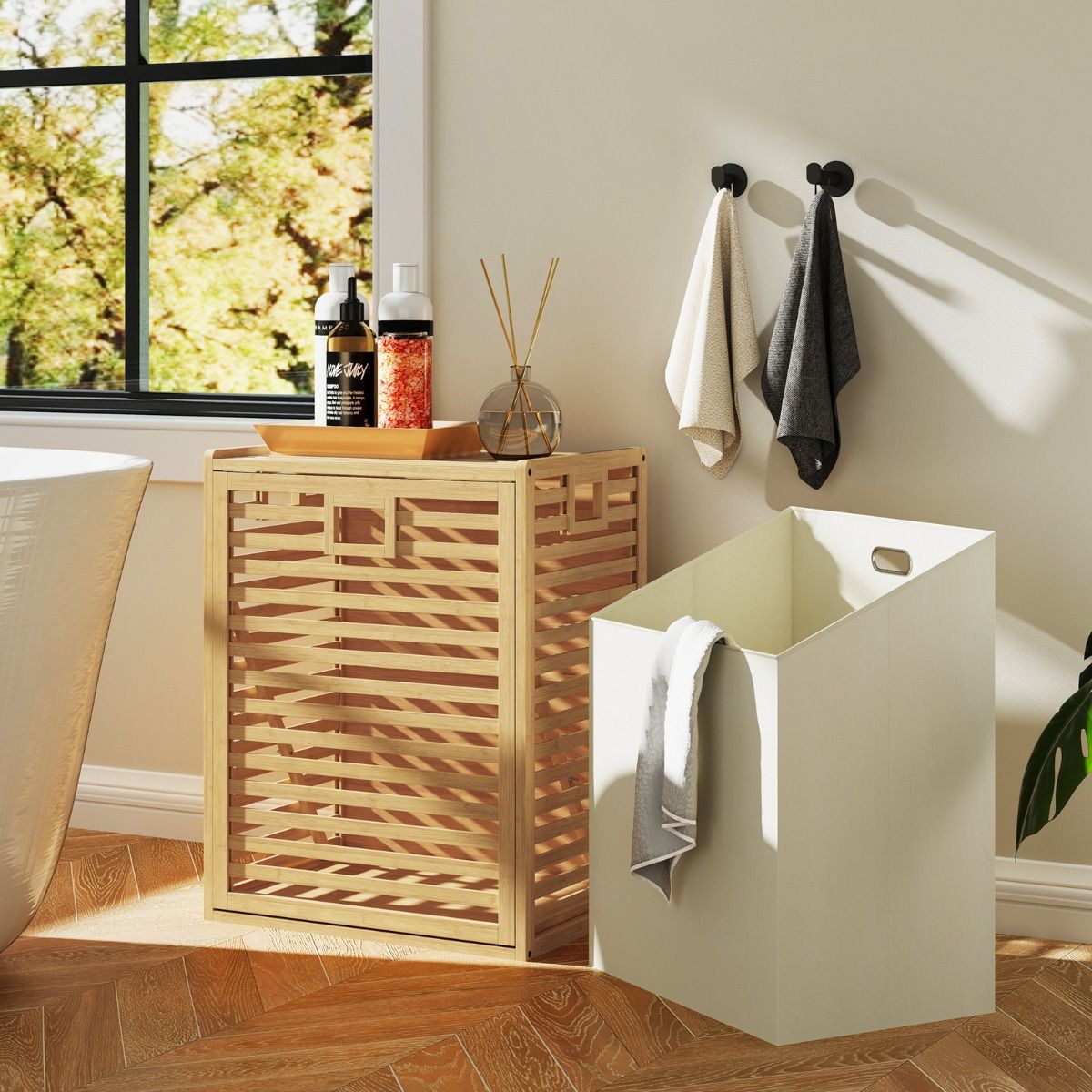 Étagère de salle de bain Coast avec panier à linge - bambou - panier en tissu rabattable - naturel