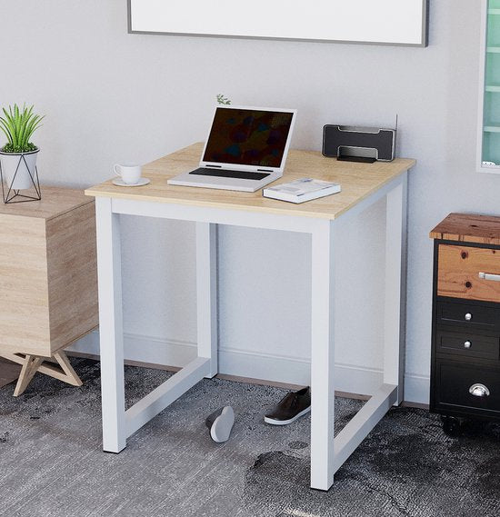 Table carrée - VDD – 75 x 75 cm – Plateau MDF brun clair – Structure métal blanc