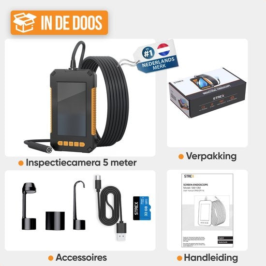 Strex Caméra d'inspection avec écran 5M - 1080P HD - écran LCD 4,3 pouces - étanchéité IP67 - éclairage LED - endoscope - caméra d'inspection - microSD 32gb inclus