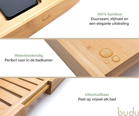 Budu Bath Board Bamboo - Planche de bain - Support de bain réglable - Planche de bain en bois - Support de bain - Planche de bain en bois - 70-105 cm