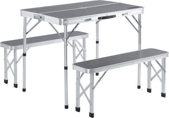 Table de camping Casaria Aluminium - Incl. 2 bancs/pliables - Gris