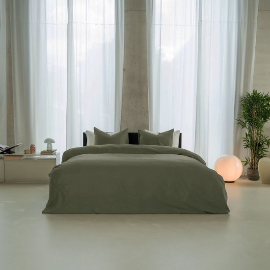 Housse de couette Kayori Emma en satin de coton - 140 x 200-220 cm + 1 taie d'oreiller - Lit simple - Vert foncé
