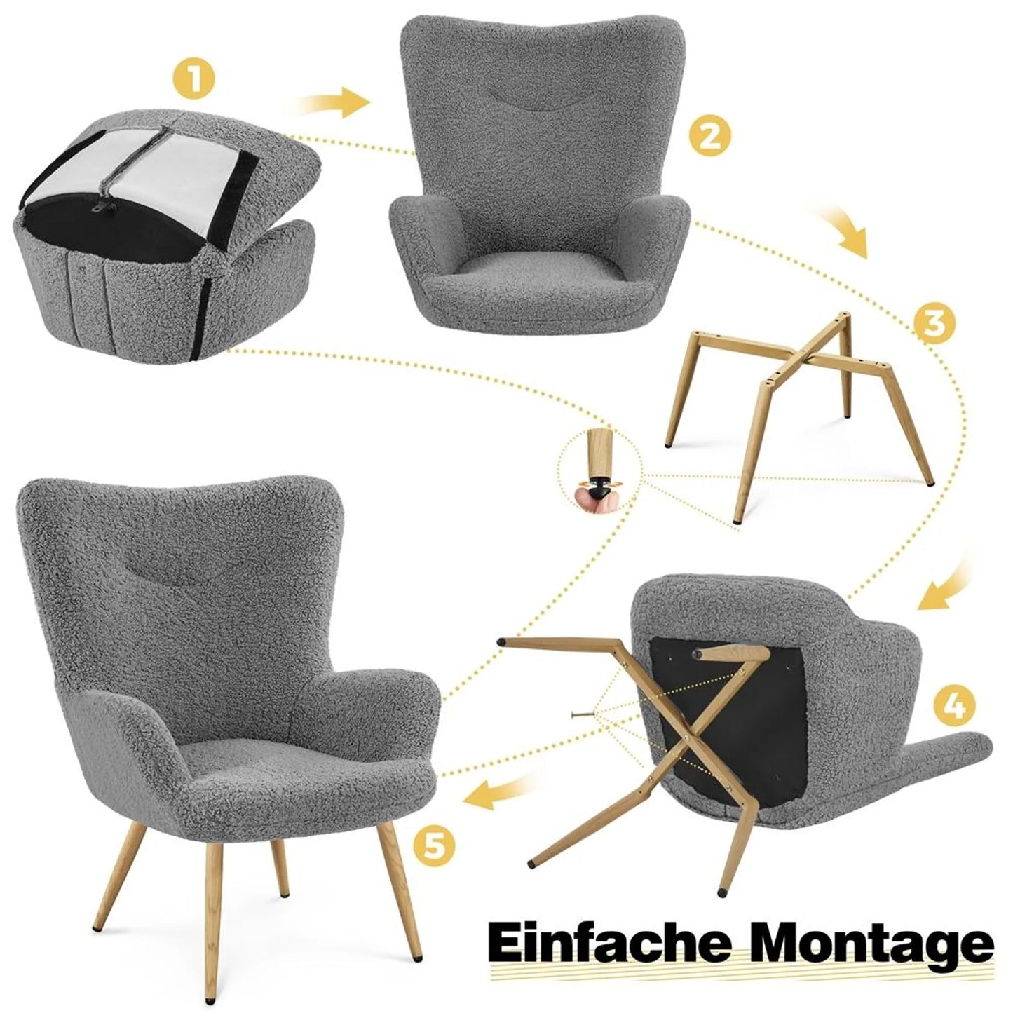 Yaheetech Fauteuil d'oreille avec dossier rabattable - équipé d'un tissu bouclé doux, de croisillons et de pieds protecteurs réglables - pour le salon et la chambre - métal gris et polyester - 70 x 67,5 x 97,5 cm