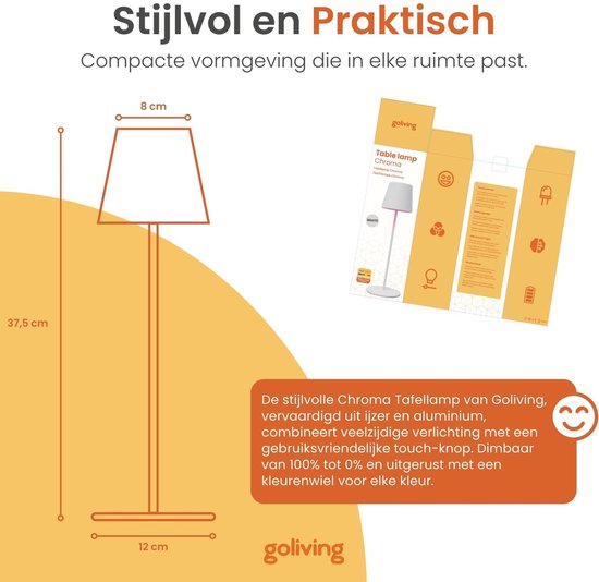 Goliving Chroma lampe de table rechargeable - sans fil et dimmable - lampe tactile - lampe de nuit chambre et salon - RGBW - 37.5 cm - blanc