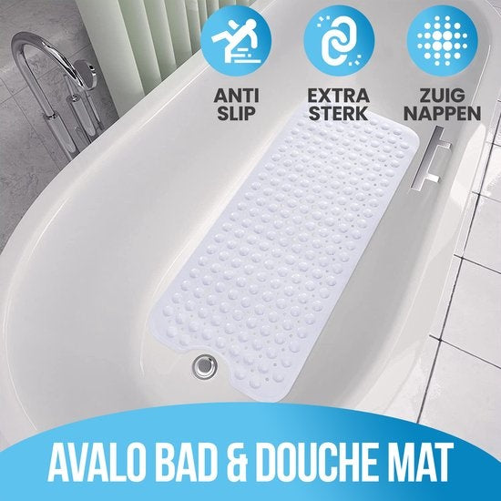 Avalo Tapis de bain / Tapis antidérapant Douche - 100x40CM - Blanc - Avec ventouses - Tapis de douche antidérapant pour la douche - Tapis de salle de bain