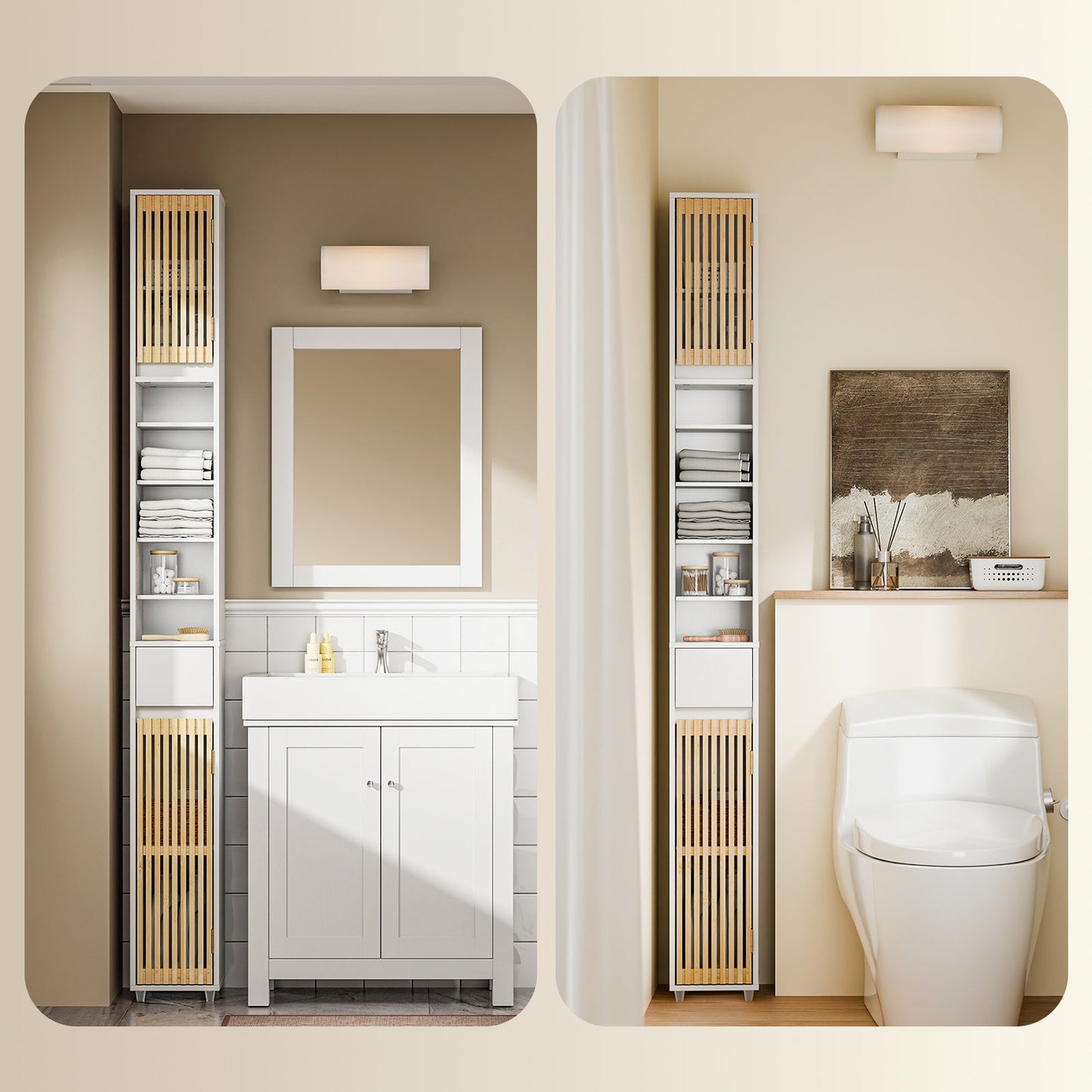 sobuy armoire de toilette haute avec portes en bambou - 20 × 20 × 180 cm | blanc