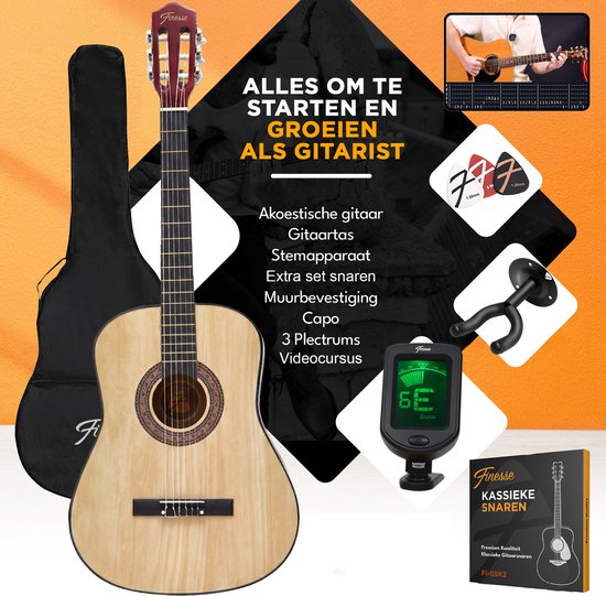 Finesse Acoustic Guitar - with Video Course - Nylon Strings - Classical Guitar - Spanish Guitar - Child - Adults - Natural