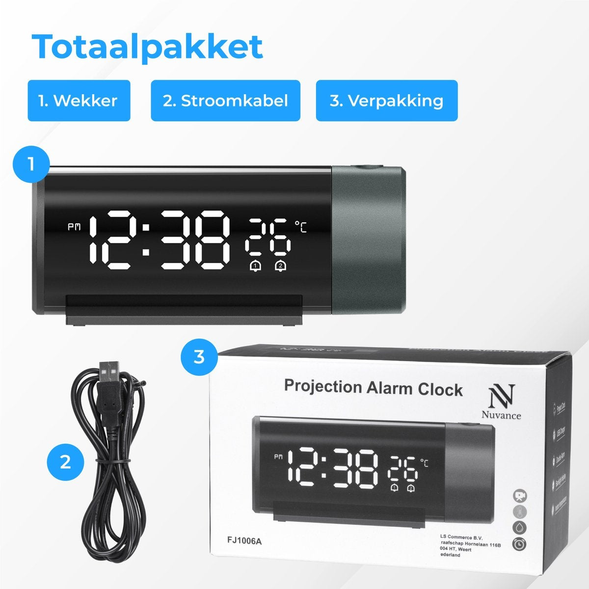 Nuvance - Réveil numérique avec projection - Réveil numérique - avec fonction Snooze et double alarme - pour la chambre à coucher - comprend un port de charge USB