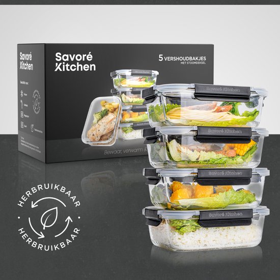 Savoré Kitchen Preserving Trays Set - with Steam Lid - Meal Prep Trays - Freezer Trays Glass - Airtight - 5 Pieces - 1040 ML