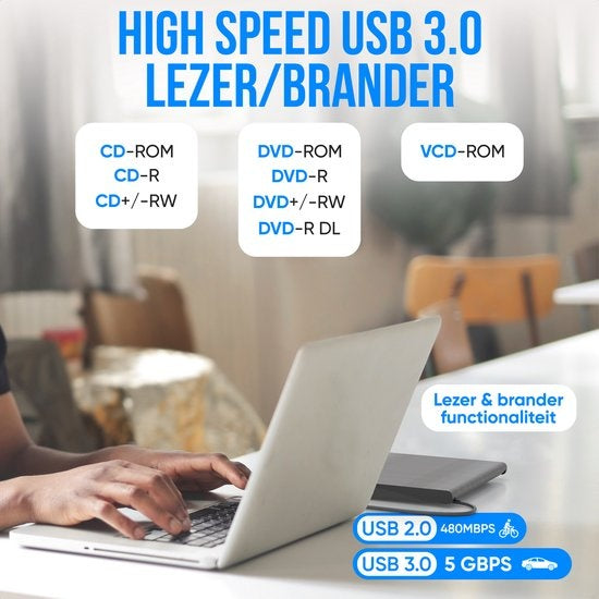 Strex External DVD Player And Burner - Avec pochette - CD/DVD - Plug & Play - USB 3.0 DVD Player - Convient à Windows, Mac et Linux - Lecteur optique