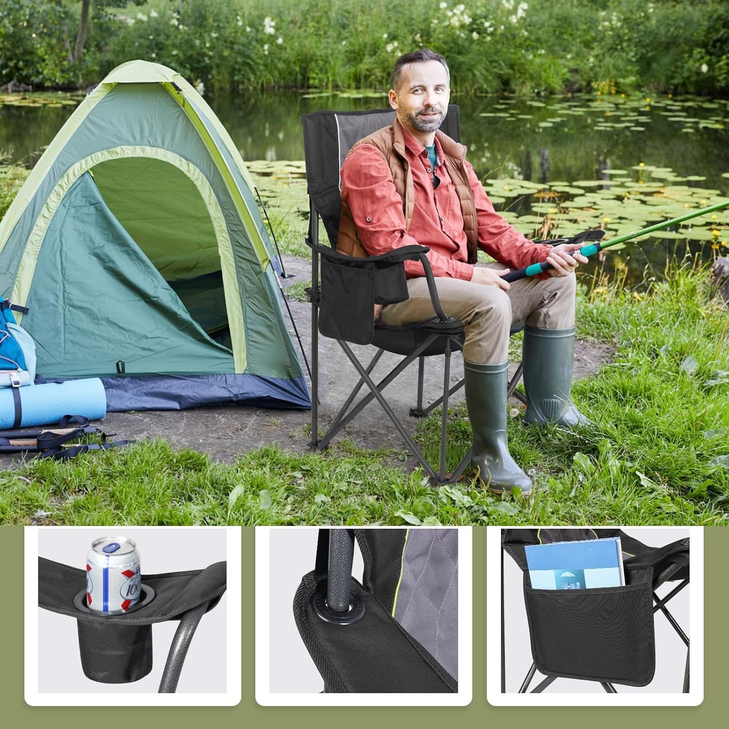Chaise de camping pliable Join Nature - Noire - 56 x 94 x 97 cm - Capacité de charge maximale : 227 kg
