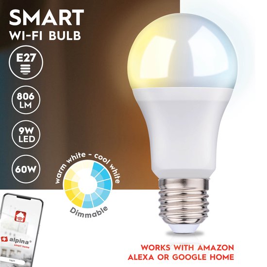 alpina Smart Home LED Lamp - E27 - Lumière blanche chaude et froide - Éclairage intelligent - App Control