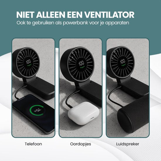 TTD® Hand Fan Rechargeable - Mini ventilateur - 5 étapes avec affichage numérique - 150 degrés de rotation - Tenez, posez ou accrochez à votre cou - USB-C Rechargeable - Batterie 5000 mAh