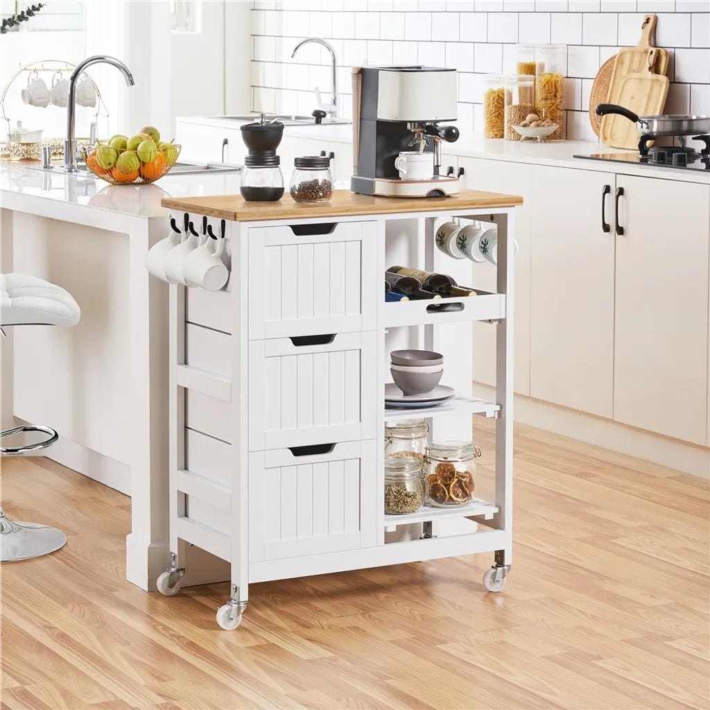 Chariot de cuisine Yaheetech sur roulettes – Blanc/Bambou – 67 x 37 x 84,5 cm – Avec 3 tiroirs et 3 étagères
