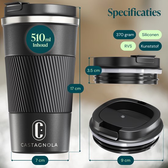 Mug isotherme Castagnola - Mug à café à emporter - Mug de voyage pour café et thé - Mug à thé - 510 ml - Acier inoxydable - Noir
