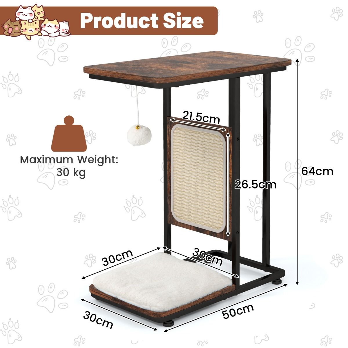 Table d'appoint Coast avec plateau à gratter pour chat - 4 en 1 - Max. 30 kg - 50 x 30 x64 cm - Marron