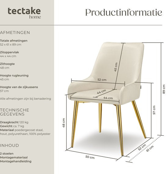 tectake® Chaise de salle à manger Avane - Aspect velours - Chaise ergonomique rembourrée avec pieds en acier doré - Capacité 120 kg - Chaise de salle à manger et de cuisine moderne - Lot de 2 - Beige