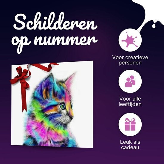 Rubye® Painting By Number Adults - Chat coloré - Peinture et pinceaux inclus - Canvas Painting canvas - Colour by Number - 40x50cm