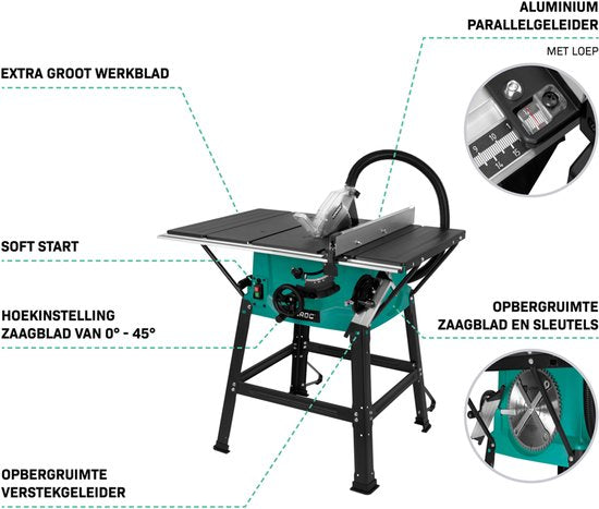VONROC Table de sciage 2000W - Ø250mm - Grande surface de travail - Angle de sciage réglable de 0° à 45° - Avec technologie soft-start - Lame de scie 60T et support inclus