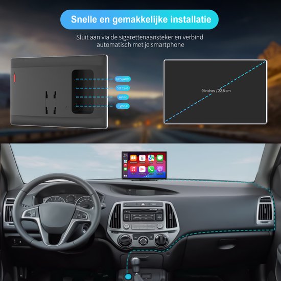 Écran Strolox CarPlay 9 pouces - Compatible avec Apple CarPlay et Android Auto - Sans fil - Système de navigation - Autoradio universel Bluetooth - Connexion USB-C - 2 supports de fixation - 2024