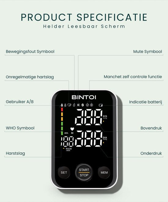 Bintoi® BX300 - Tensiomètre pour le bras - Cardiofréquencemètre - Sac de rangement et piles inclus - 2 utilisateurs