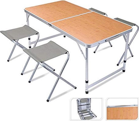 Table de camping - Redcliffs - avec 4 chaises - Relax Living - 120 x 60 x 40cm - Gris/Bois