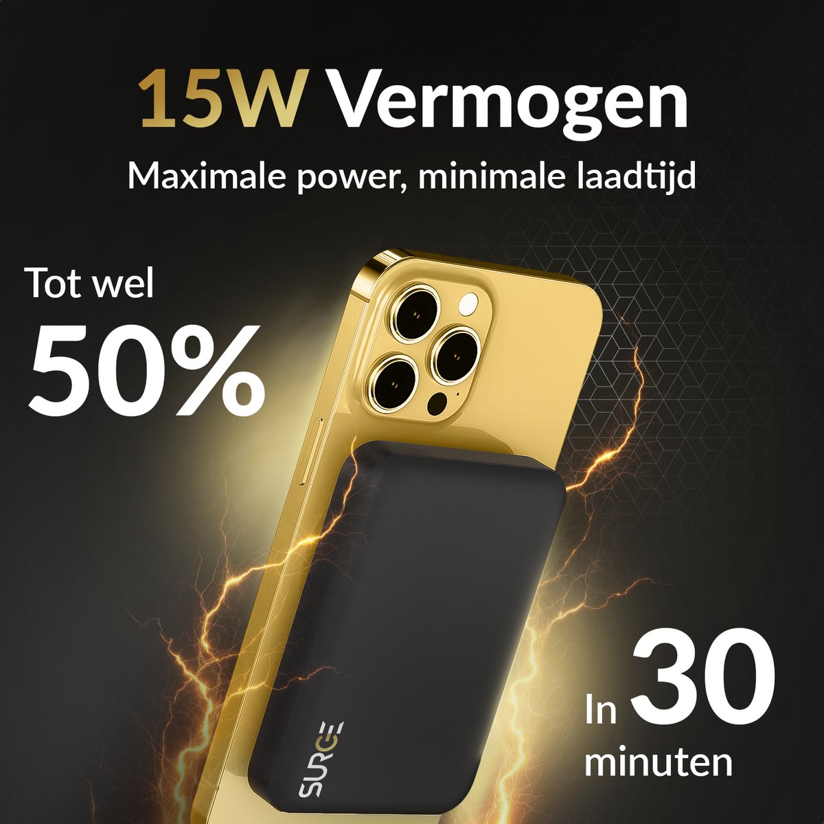 Surge Wireless Powerbank 10000mAh - Compatible Magsafe - Chargeur rapide 22,5W - Compact 9,5 x 6,7 x 2,0 cm - Gris - Convient à l'iPhone 13 à 17