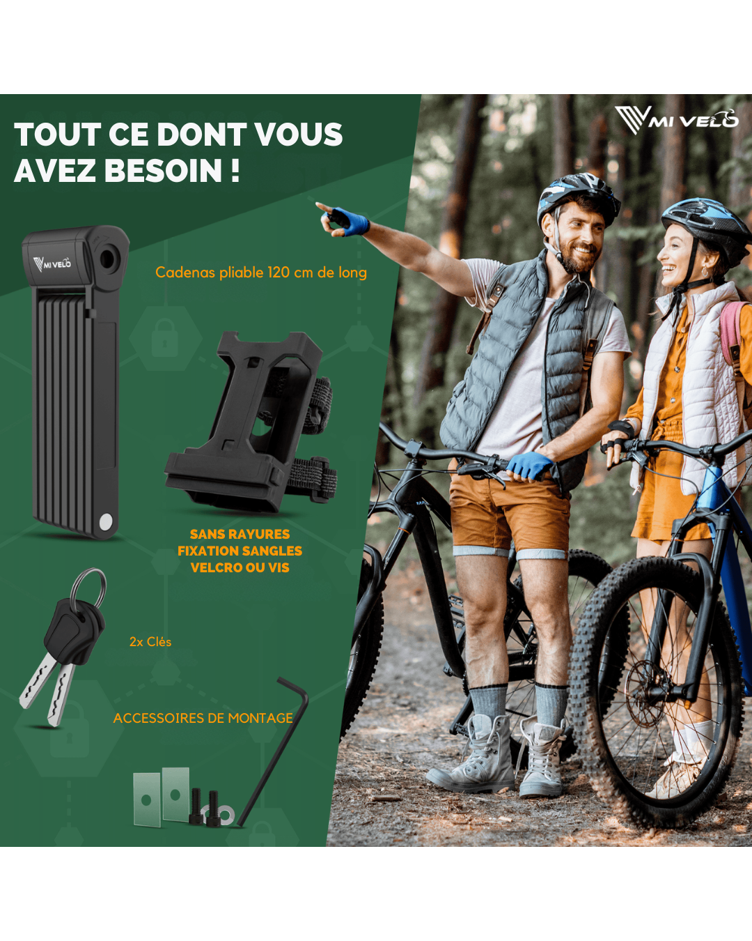 Antivol vélo MIVELO robuste avec code – 120 cm de long – Acier au carbone – Étanche – 20 x 6 cm – Noir