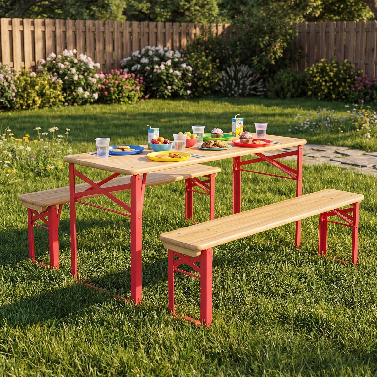 Ensemble de pique-nique pour enfants Coast - table de pique-nique pliable avec 2 bancs - bois de sapin et métal - rouge