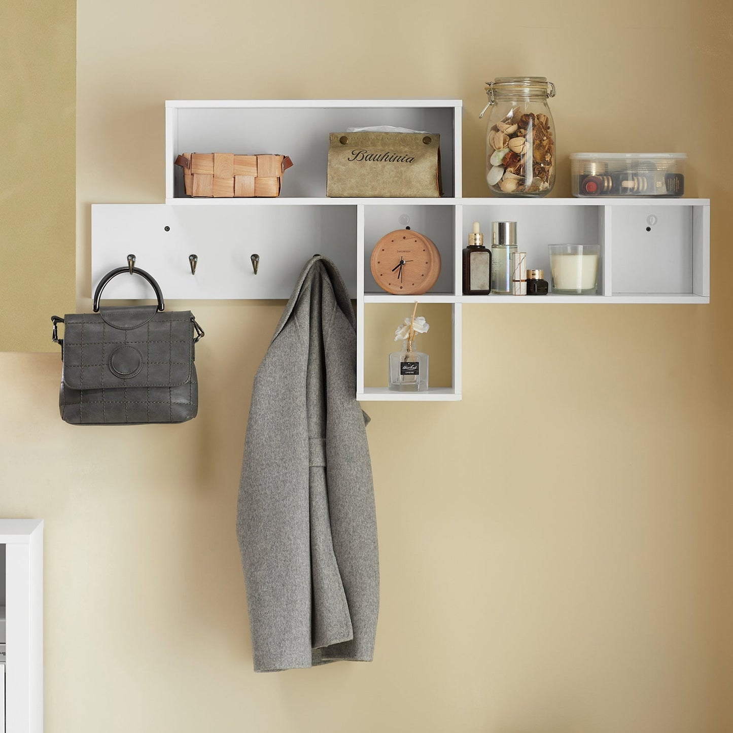 SoBuy FHK17-W Porte-manteau Etagère murale - Penderie avec 5 compartiments et 4 crochets - 110x15x53 cm - Blanc