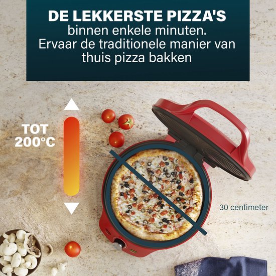 Princess Pizza Maker 115007 - Four à pizza - Thermostat réglable jusqu'à 220 °C - Rouge - Ø 30 cm - Peut également servir de grill de table - Pour les pizzas fraîches et surgelées