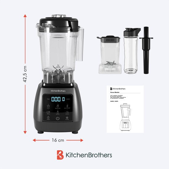 KitchenBrothers 2-in-1 Power Blender - 1600W - 2L - Ensemble complet avec hachoir et gobelet - Smoothie Maker - Ice Crusher - Gris Métallique