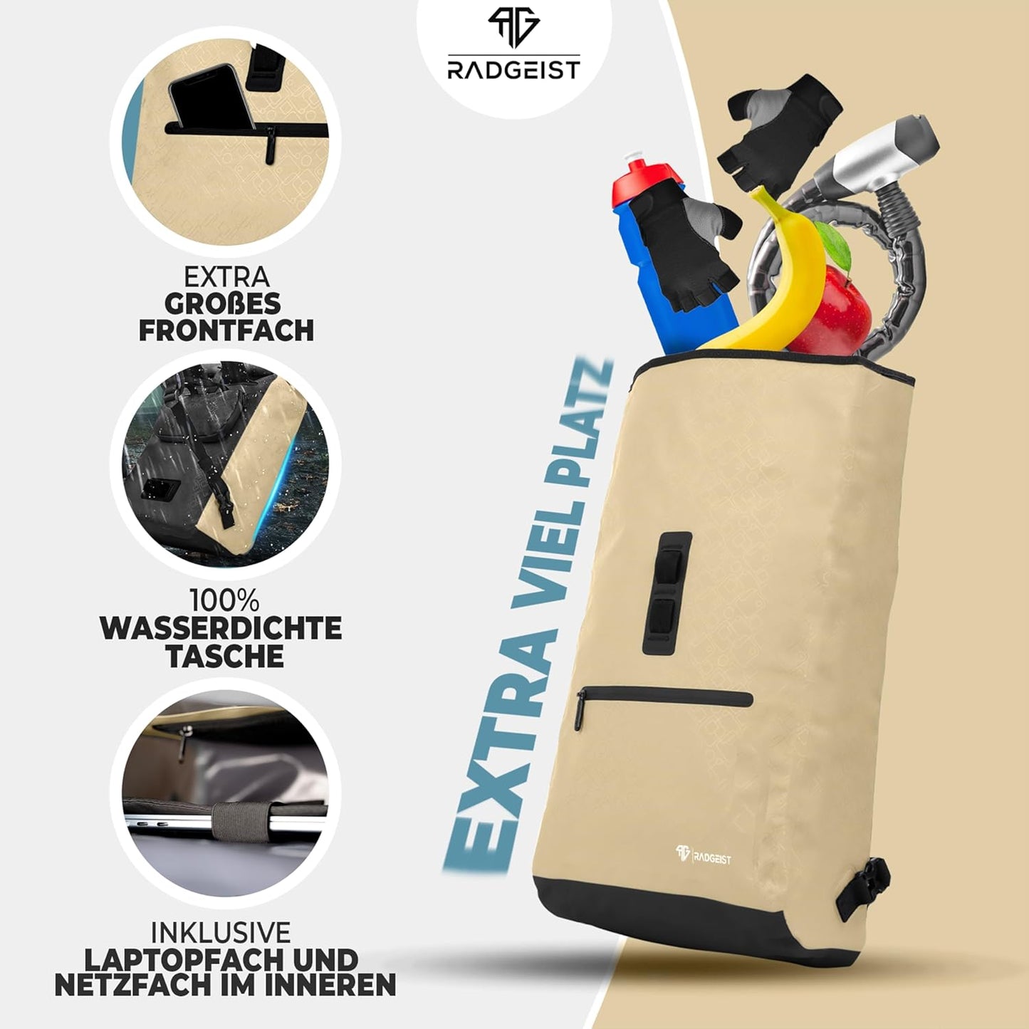 RADGEIST sac à vélo pour porteur I sac à vélo & sac à dos I sac à vélo pour femmes & hommes I sac à bandoulière & sac à vélo pour vélo 20L sable
