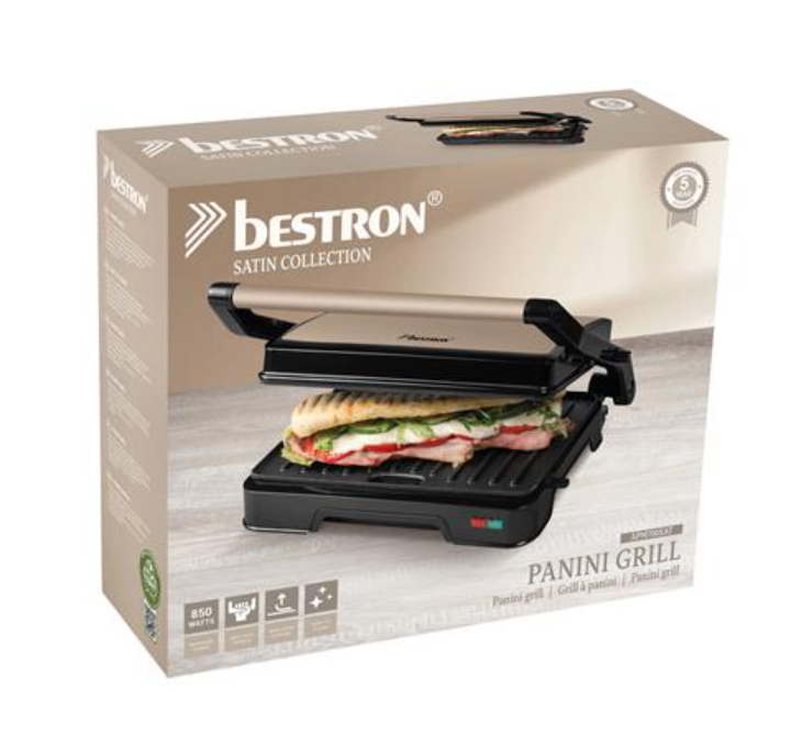 Grill à panini Bestron APM700SAT - 850 W - 23 x 14,5 cm - Revêtement antiadhésif - 28,3 x 23,6 x 7,8 cm - Noir