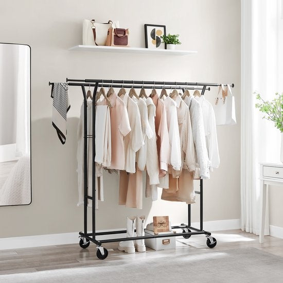 O'DADDY® Kledingrek op wieltjes - Garderoberek - Kledingstang - Verstelbaar en Uitschuifbaar - Industriële Wielen - Metaal - Stabiel tot 110 kg - Zwart