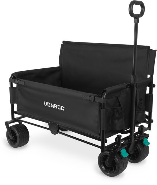 VONROC Wagon - Avec fonction siège - Pliable - Capacité de charge de 120 kg - Capacité de 115l - Roues solides anti-fuites - Cadre en acier robuste - Polyester 600D - Noir