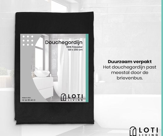 Loti Living Rideau de douche anti-moisissure - Noir - Anneaux inclus - Imperméable - Polyester - Rideau de douche 120x200 cm