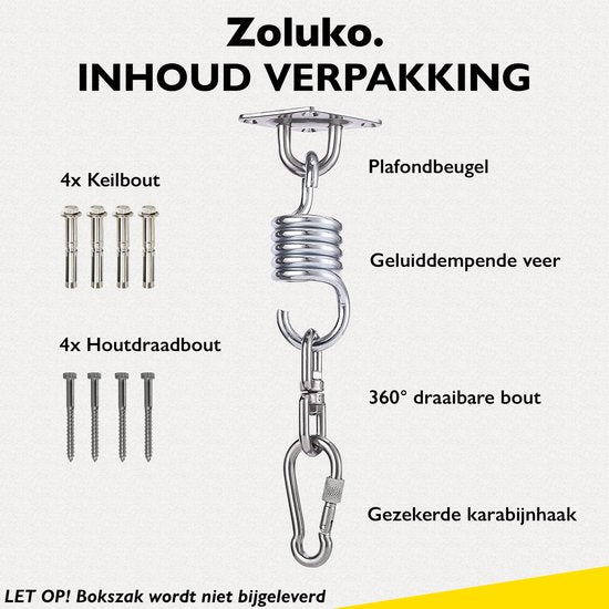 Système de suspension en acier inoxydable Zoluko - Capacité de charge 300 KG - Rotation libre 360° - Ressort insonorisant - Système de suspension pour sac de boxe - Fixation au plafond - Crochet de plafond - Crochet de suspension - Crochet à vis - Chrome