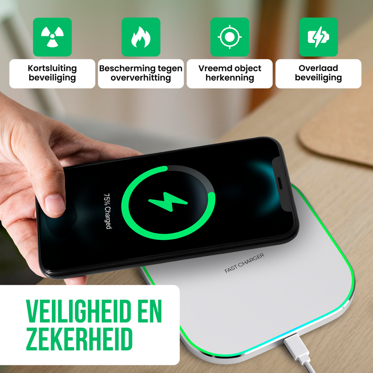 Strex Wireless Charger 15W - Câble inclus - QI Fast Charger - Chargeur sans fil - Chargeur rapide - Indication LED - Blanc