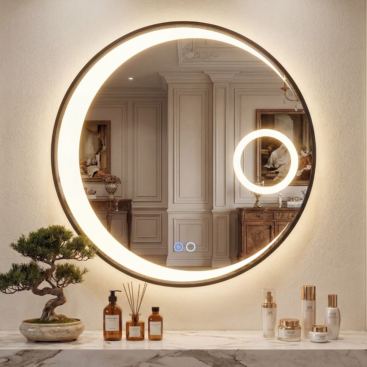 Miroir de salle de bains rond Coast - Éclairage LED - Anti-buée - 61 cm Noir