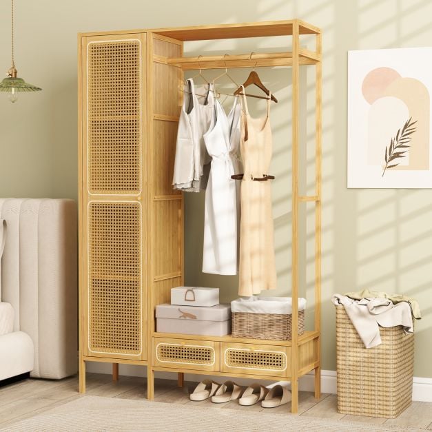 Coast Bamboo Clothes Rack Natural - Penderie avec placard, tringle à vêtements et 2 tiroirs - 102 x 33 x 160 cm