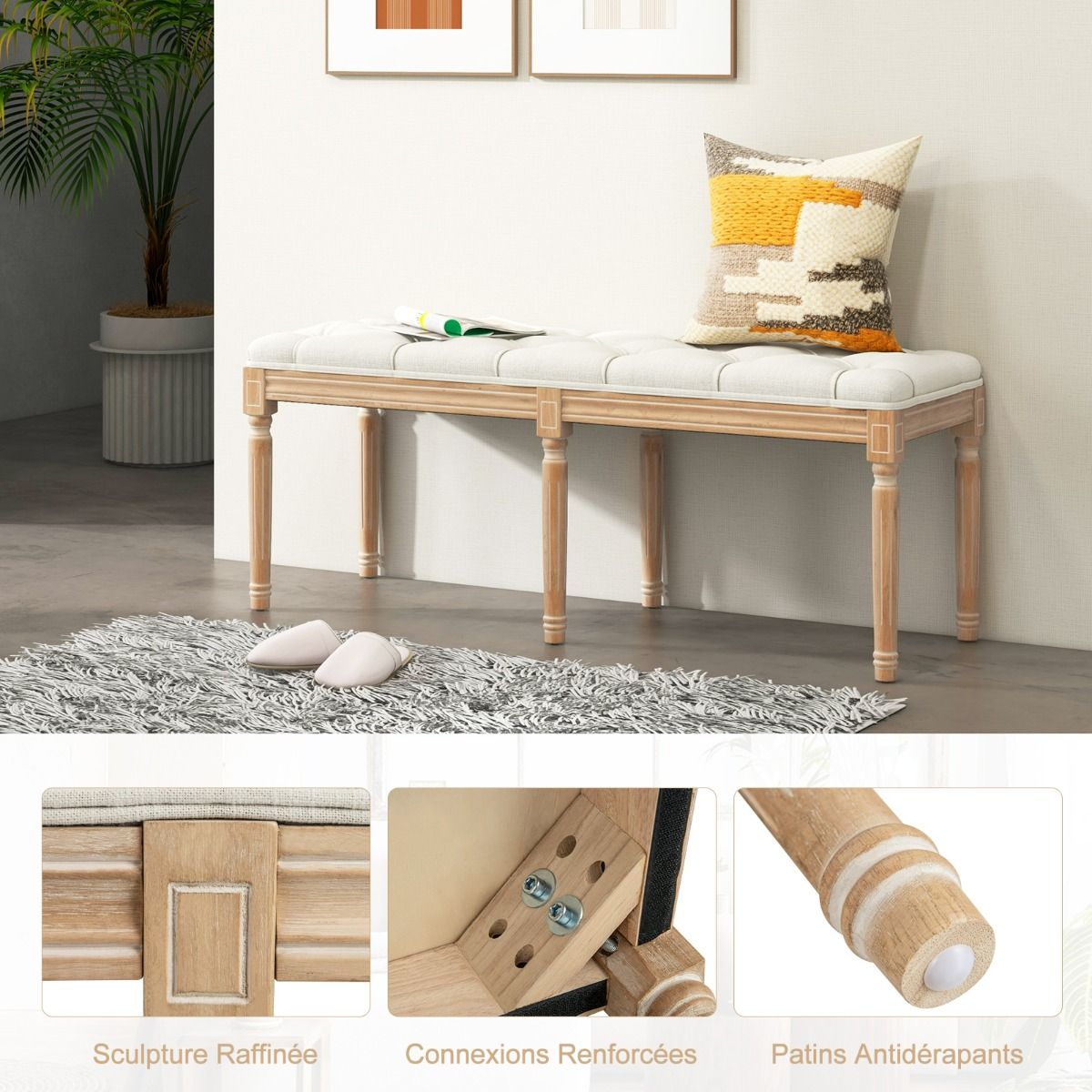 Coast Vintage Upholstered Dining Bench - Banc d'entrée et banc de lit avec pieds en bois de caoutchouc - Beige - 120 x 40 x 49 cm