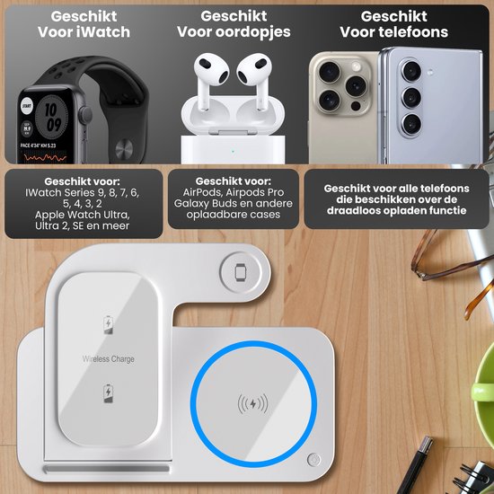 Strex 3-in-1 Wireless Charger - Station de charge - Chargement rapide 15W - Pliable - Convient pour iOS & Android, Apple Watch, AirPods et écouteurs sans fil - Blanc