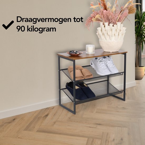Brixy Shoe Rack - Industriel - Bois - Métal - 64x30x52cm - Vintage - Meuble à chaussures - Marron/Noir