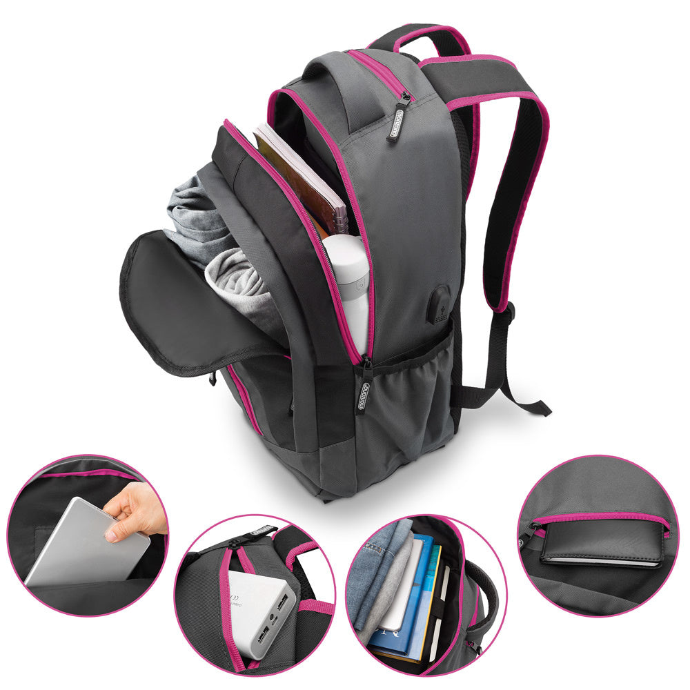 Rugzak voor Laptop 34L met USB-poort en 15,6" Laptopvak– Grijs / Roze