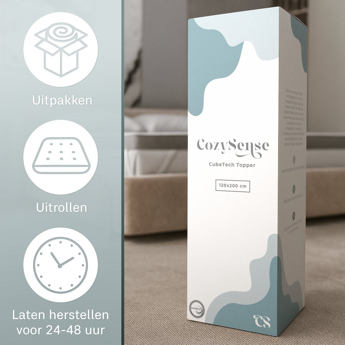 CozySense® - CubeTech Topper Matelas Topdeck - 120 x 200 cm - équipé de plus de 100 cubes de confort et de gel réfrigérant et housse lavable - pour les maux de dos et le soulagement de la pression - mousse à mémoire de forme et textile blanc